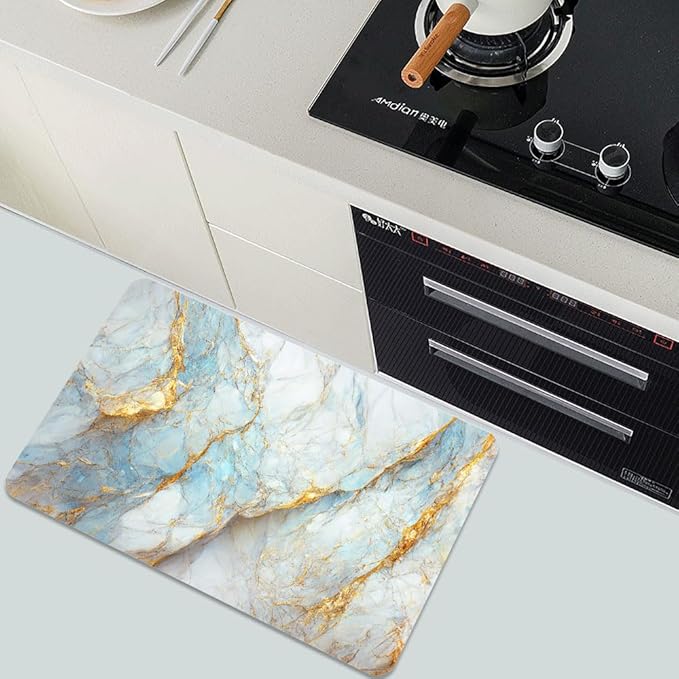 Diatomaceous Earth Bath Mat,Blue, White and Gold Marble Non-Slip Volume Super Absorbent Fast Drying for Bathroom Kitchen Door mat,Eco-Friendly Easy to Clean 17×27.5Inch (43 * 70cm)