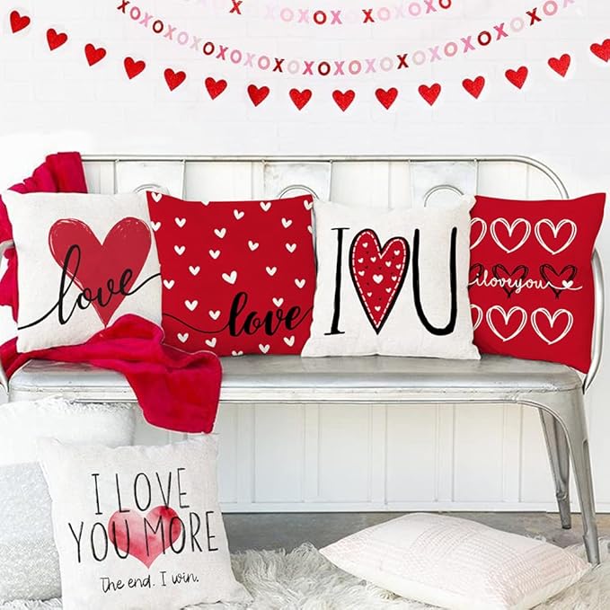 GEEORY Valentines Day Pillow Covers 20x20 Set of 4 Love Heart Valentines Day Throw Pillows Decorative Cushion Cases Valentine Decorations