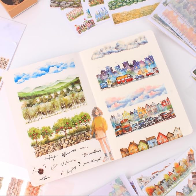 20 Sheets Nature Landscape Pre-Cut Journaling Stickers Book for Junk Journaling, Scrapbooking, Collage, Planner, Album, Transparent PET and Washi Stickers for Adults