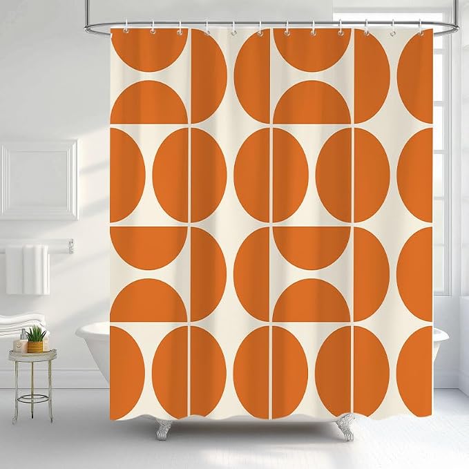 Orange Mid Century Modern Shower Curtain, Boho Abstract Geometric Retro Art Bath Curtains For Bathroom, Colorful Unique Pattern Waterproof Polyester Fabric Bathroom Accessories Set 12 Hooks 60X72IN