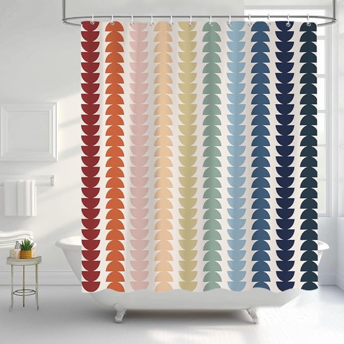 Modern Geometric Shower Curtain, Vintage Rainbow Mid-Century Abstract Art Design Bath Curtains for Bathroom, Colorful Semicircular Pattern Waterproof Polyester Fabric Bathroom Set 12 Hooks 72X84IN