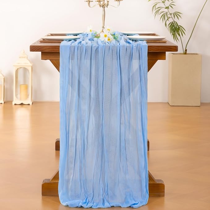 Socomi 10pcs Blue Fall Thanksgiving Cheesecloth Table Runner Light Blue Boho Rustic Gauze 120 inch 10FT Cheese Cloth Runner for Wedding Party Baby Shower Birthday Home Decor Holiday Decorations
