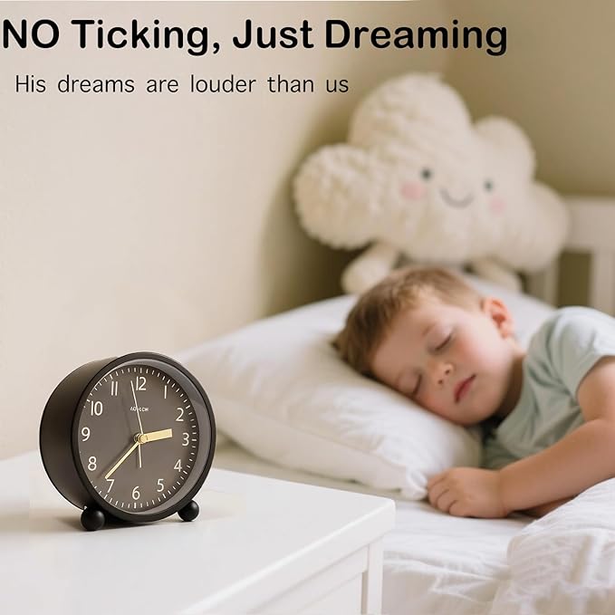AOKILOM Analog Alarm Clock, Non-Ticking Silent Travel Small Clock, Battery Operated with On-Demand Light, Easy Set Gentle Wake, Ideal Decor for Bedroom, Bedside, Desk,Office (Black)