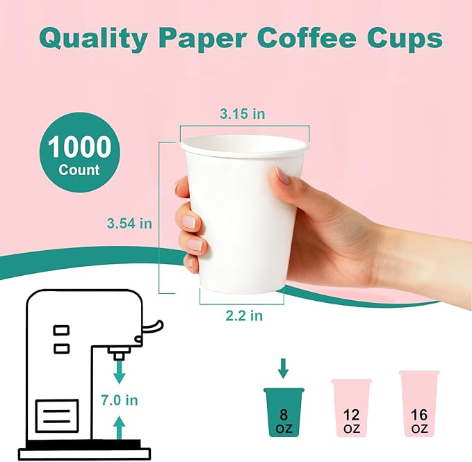 Coolcap 8 oz 1000 Pack Disposable Coffee Cups, Bulk White Disposable Paper Cups, Coffee Cups for Hot Tea, Chocolate and Cold Drinks