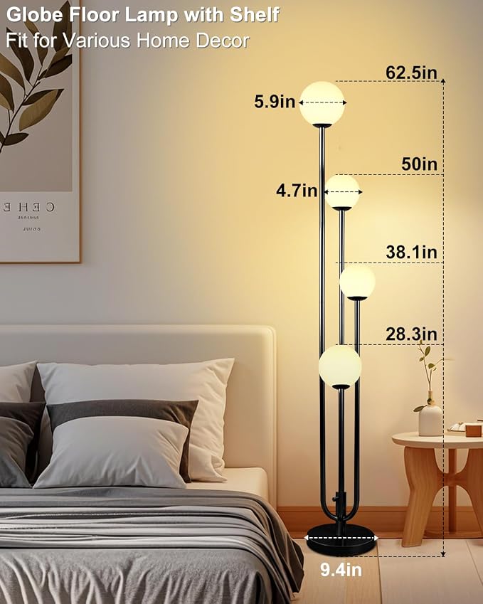 63IN 4-Light Dimmable Floor Lamp, Unique Black Tall Standing Lamps with Globe Shade &3000K Bulbs for Reading, Mid Century Modern Floor Lamp with 5Lbs Heavy Base for Living Room Bedroom Office