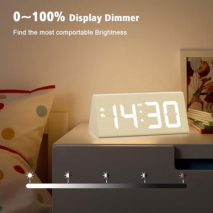 fomobest Wooden Digital Alarm Clock with Dual USB Charging Ports, DST, Dimmable, Snooze, Modern Large Time Display LED Clock for Kids Bedrooms, Living Room, Desk, Table, Bedside, Nightstand (Bamboo)