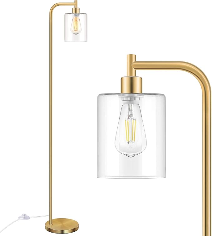 Industrial Floor Lamp with Hanging Glass Shade Brass Gold Farmhouse Indoor Pole Light with Edison E26 Base Vintage Rustic Standing Tall Lighting for Living Room Bedroom Office( ST64 Bulb Included)