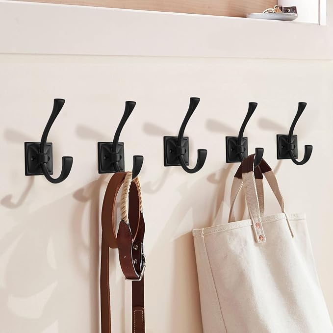 2-Pack Matte Black Coat Hooks - Wall Mounted Double Robe Hooks for Coats, Towels, Bags, Cups, Hats