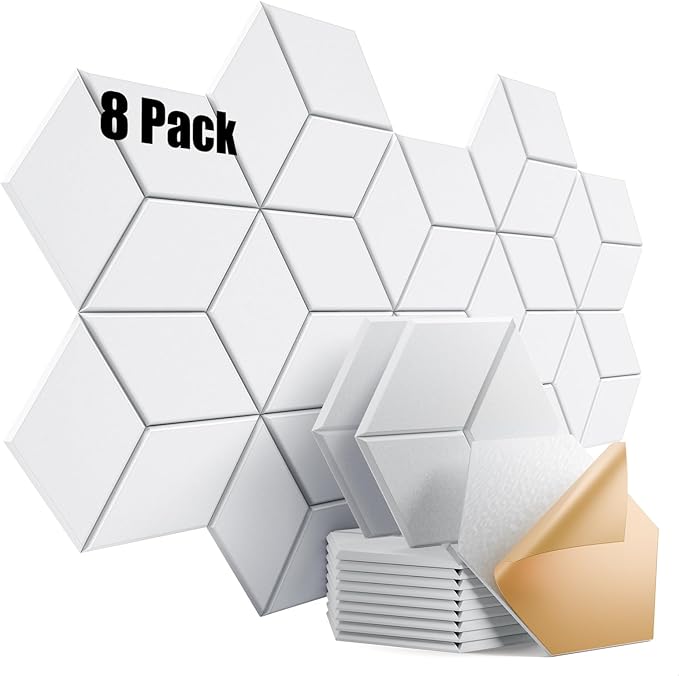 8 Pack Self-Adhesive Acoustic Panels 12" X 10" X 0.4" - Sound Proof Foam Panels for Walls with High Density, Y-Lined Design, Flame Resistant, Absorb Noise and Eliminate Echoes(White)