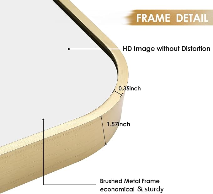 48x30 Inch Gold Bathroom Mirror, Brushed Gold Metal Framed Rectangular Mirror with Rounded Corner, Bathroom Vanity Mirror for Bedroom or Living Room, Horizontal/Vertical