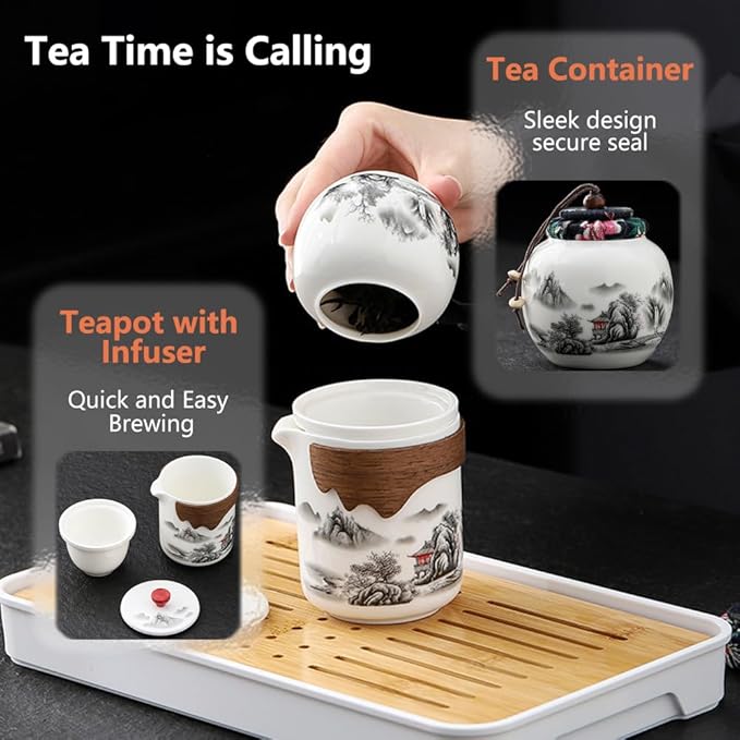 Portable Chinese Kung Fu Tea Set with Removable Infuser - 6 Cup Ceramic Travel Tea Set for Home, Office, or Outdoor Use