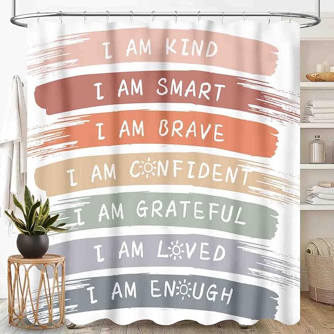 Boho Rainbow Shower Curtain, Cute Inspirational Motivational Quotes Cartoon Rainbow Colorful Pastel for Kids Girls Baby Waterproof Fabric Bathroom Shower Curtain Set with Hooks,72"x84" Inch