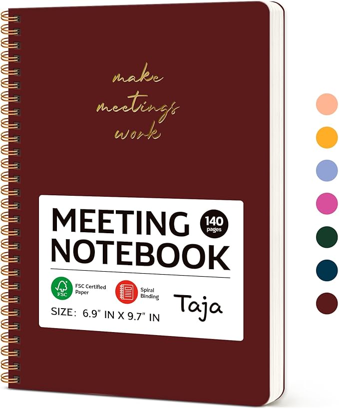 Taja Meeting Notebook for Work Organization - Work notebook with action items, Meeting Minutes Planner Notebook, Perfect Office Supplies for Men & Women - Burgundy