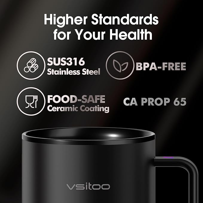 Vsitoo S3 12oz Heated Mug - Temperature Control Smart Mug with Mug Warmer, Perfect for Espresso, Auto-Sensing AI Heats Drinks to 120-150°F Hands-Free.Ideal for Home/Office/Gifts，Black