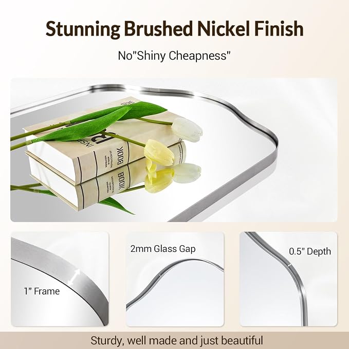 ANDY STAR Scalloped Arched Mirror, 24x36 Brushed Nickel Irregular Bathroom Mirror for Vanity, Asymmetrical Curved, Silver Rustproof Stainless Steel Frame, for Over Sink, Bedroom, Mantel, Fireplace
