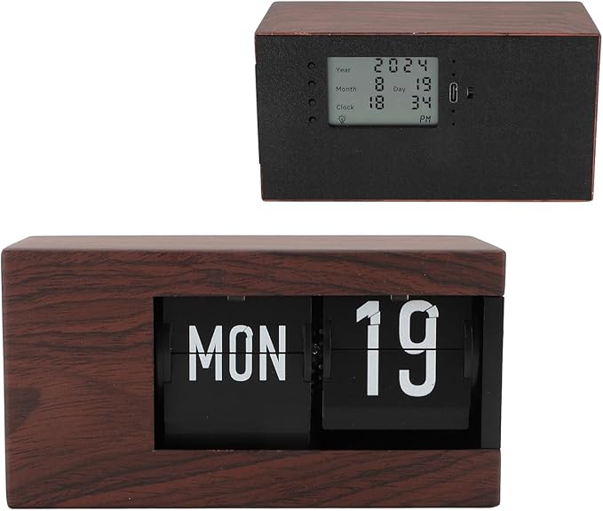 Flip Desk Clock, Intelligent Perpetual Calendar Unique Flip Design Flip Clock 2600Mah Built in Batteries Digital Flip Down Clock for Home Room Office (Wood Grain)