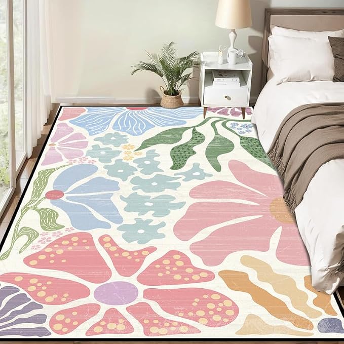 Floral Area Rug Modern Abstract Rug Pastel Flower Print Carpet Colorful Bohemian Plant Rugs for Bedroom Living Room Nursery Kitchen Playroom Home Decor,4'x6'