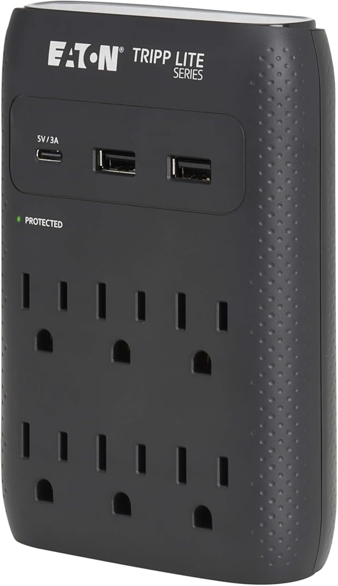 Eaton Tripp Lite SK60CB Wall Surge Protector Power Strip & USB Wall Charger, 6-Outlet Extender, 1 USB-C + 2 USB Ports, 1080 Joules, Multi-Plug Outlet Splitter, Black, Lifetime Manufacturer's Warranty