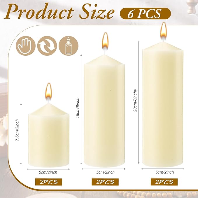 MTLEE 6 Pcs Pillar Candles 3 Set 2 in x 3, 6, 8 Inch Smokeless Dripless Unscented Pillar Candles Long Clean Burning Wax for Wedding Dinner Party Spa Emergency Ceremony Home Decor (Ivory White)