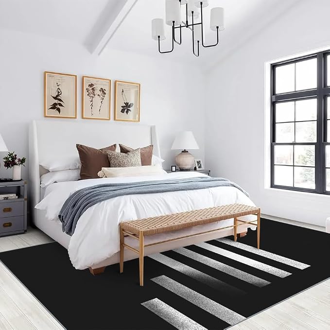 Minimalist Geometric Area Rugs, Black White Abstract Carpet, Washable Non Slip Low Pile Soft Rug for Living Room Bedroom Decor Mat 6x9ft