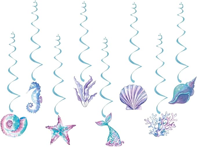 Little Mermaid Party Decorations Streamers - 16Pcs Under The Sea Classroom Hanging Swirl Ceiling Decor,Pool Beach Ocean Underwater Girls Birthday Summer Baby Shower Banner Supplies Hugtmr