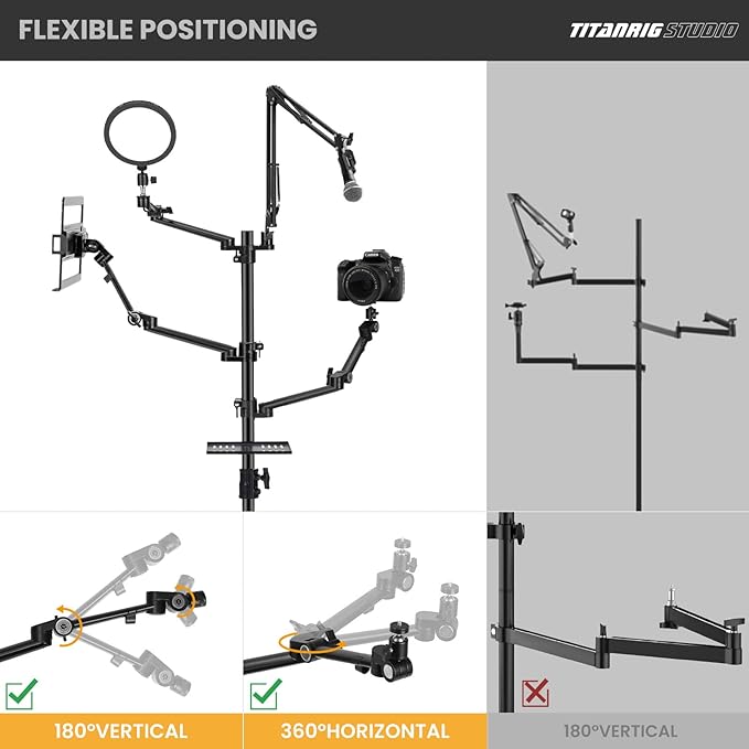 TARION Live Streaming Stand with Wheels - 61"/155cm 5-in-1 Stream Stand Equipment Kit: 1 Mic Boom + 3 Articulated Arms + 1 Projector Holder, Adjustable Heavy-duty Floor Live Tree Stand Setup TitanRig