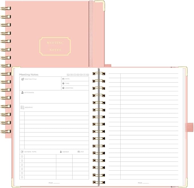 EMSHOI Meeting Notebook for Work - A5 Half Meeting Half Note Planner, 140 Pages, 100GSM Thick Paper, Hardcover, Project Organizer for Women Men Office, Business, Note Taking, 6"x8.3" - Pink