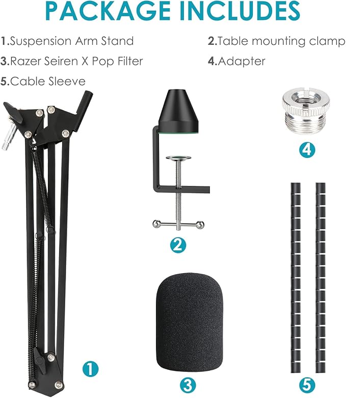 Microphone Stand for Razer Seiren X Adjustable Suspension Boom Scissor Arm Stand with 3/8"to 5/8" Screw Adapter Windscreen Pop Filter Cable Sleeve, Professional mic stand by YOUSHARES