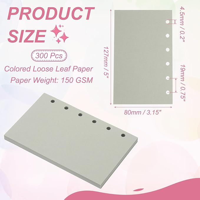 PATIKIL Colored Loose Leaf Paper, 5" x 3.2"(A7) 300 Sheets 6 Holes Punched 150GSM Blank Binder Refill Paper Supplies for Office Note Taking Teacher Planner Journal Notebook, Light Gray