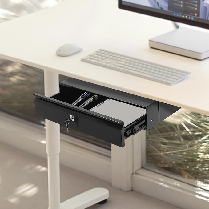 17.7" Under Desk Storage Drawer, Locking Design Black Sliding Pull-Out Drawer for Sit Stand Workstation