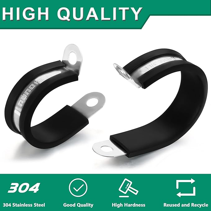 OURU 30pcs 1/4 Inch Stainless Steel Rubber Coated Cushioned Insulated Cable Clamps,Automotive Pipe Metal Clamps for Tube,Lines,Wire Cord Installation(Black,6mm)