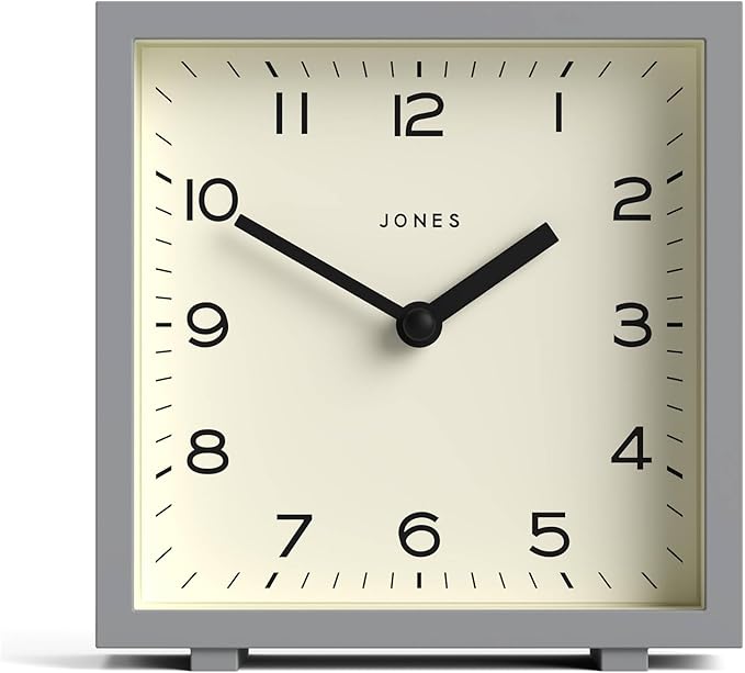 JONES CLOCKS® Disco Desk Clock | Sleek Square Design | Gray | Stylish and Easy to Read for Shelf, Table, Mantel or Bedside