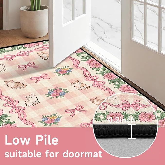5'x7' Cat Floral Area Rug Pink Bow Flower Carpet Washable Rug Cute Cartoon Boho Floor Mat for Bedroom Living Room Nursery Playroom Classroom Home Decor