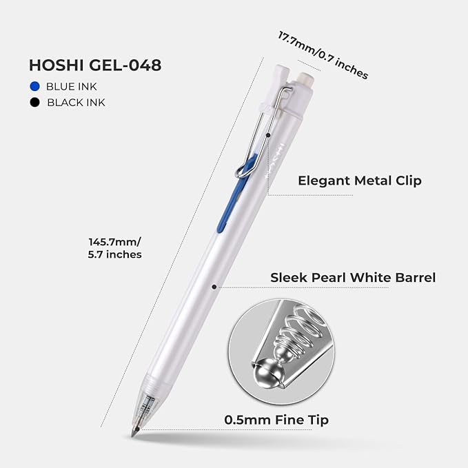 Thien Long Hoshi 6 PCs Premium Retractable Gel Pens Black Ink, 0.5mm Fine Point, Auto-Lock Pocket Clip, Quick-Dry Japanese Ink - Perfect for Teacher, College, School & Office Supplies