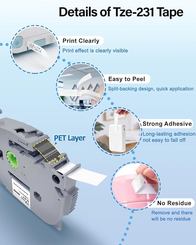 4PK TZe231 12mm 0.47 White TZ Tape Compatible with Brother TZe-231 TZ-231 P Touch Label Tape 12mm Laminated White for Brother Label Maker PTH110 H111 D220 D400 D410 D600 1280 1290