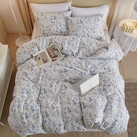 LifeTB Boho Floral Duvet Cover Twin Soft Cotton Blue Floral Bedding Sets Vintage Style Chic Flower Botanical Aesthetic Floral Comforter with Zipper Closure Twin(68''x86'')