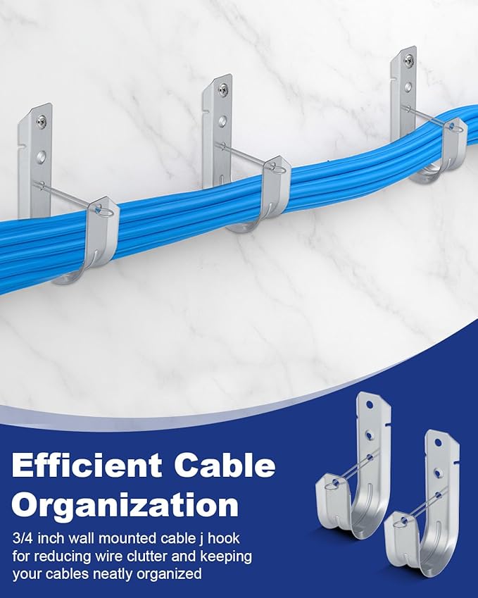 100 Pcs 2" Galvanized Steel J-Hooks, Heavy Duty Wall Mount Cable Support J Hook with Retainer Clip for Cable Management