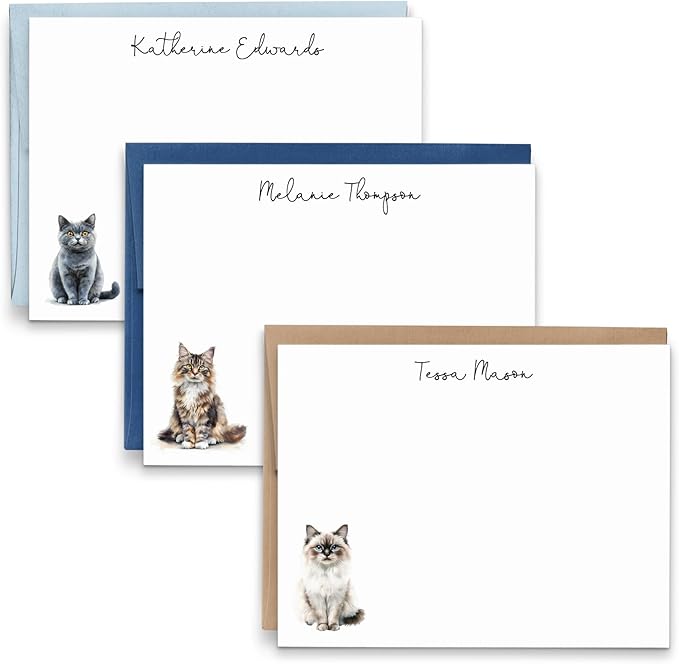 Personalized Cat Stationery Set For Women, Choose Your Cat Breed, FLAT Cute Cat Notecards With Envelopes, Kitten Notecard For Studying, Custom Note Cards With Cats, Your Choice of Color and Quantity