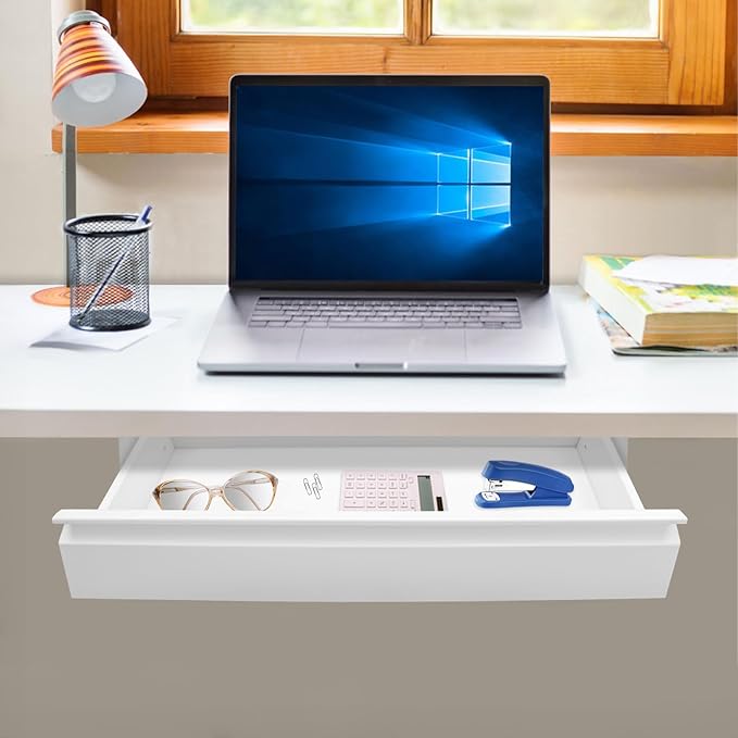22" Under Desk Drawer Slide Out For Office Desk, Storage Organizer For Sit Stand Workstation, White