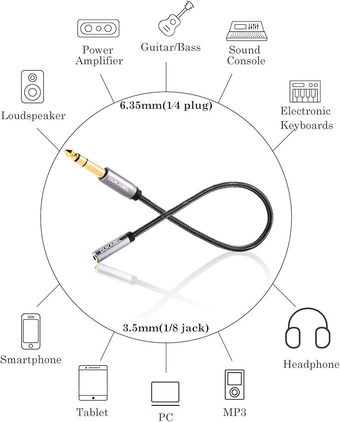 DUKABEL TopSeries Long 1/4'' Male to 1/8'' Female Adapter Cable (16ft/5M) 6.35mm to 3.5mm Phone Audio Connector Quarter Inch Adapter for Mixer Guitar Piano Amplifier Speaker and More