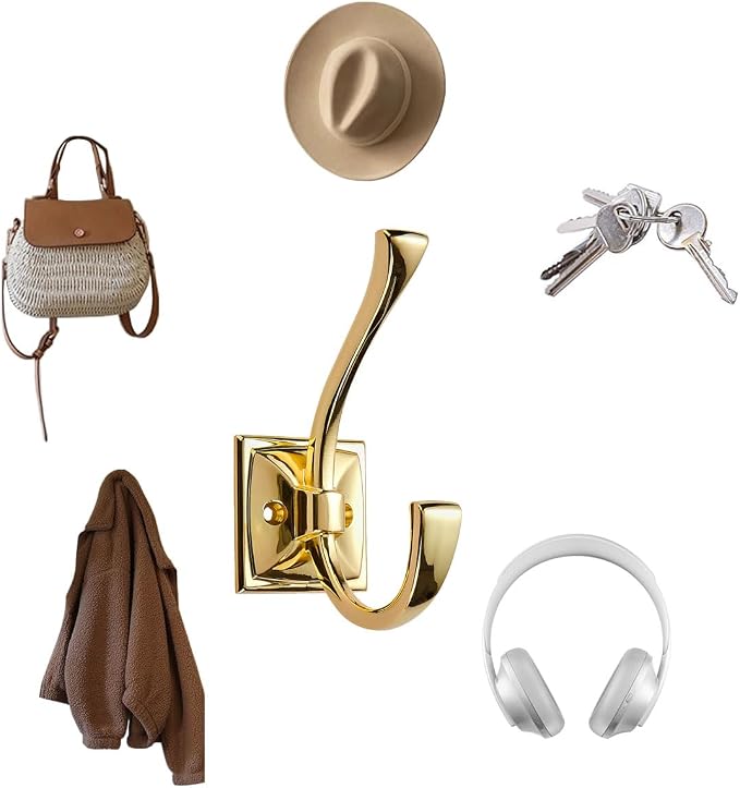 2 Pack Decorative Heavy Duty Towel Hooks for Hanging Robe Double Polished Brass Coat Hooks Wall Mounted with Screws for Key, Towel, Bags, Cup, Hat