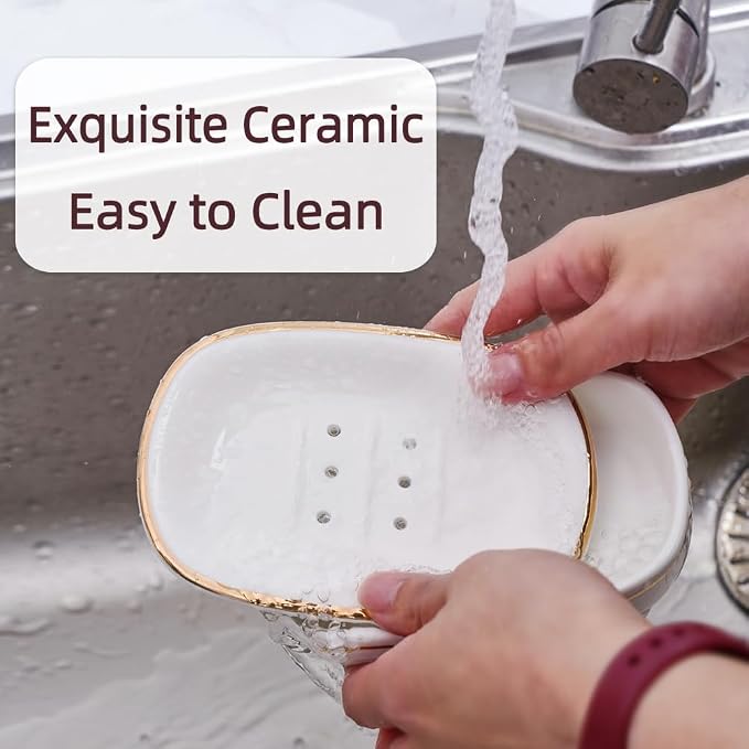 Self Draining Soap Dish, Double-Layer Bar Soap Tray, White Ceramic Soap Dish with Elegant Patterns (Style E)