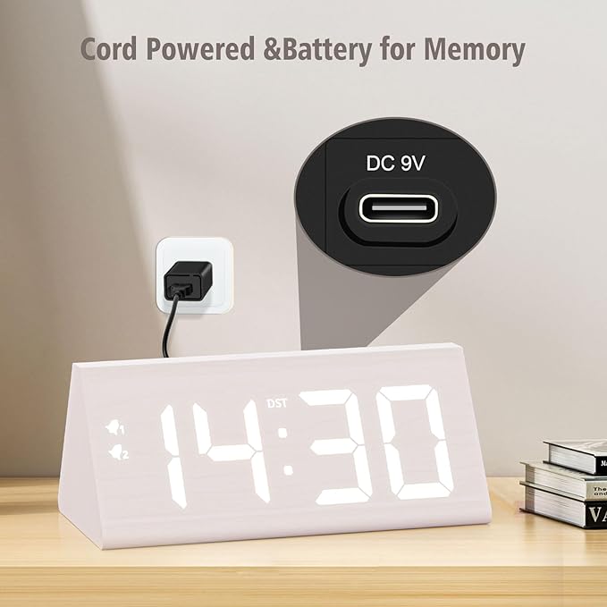 fomobest Wooden Digital Alarm Clock with Dual USB Charging Ports, DST, Dimmable, Snooze, Modern Large Time Display LED Clock for Kids Bedrooms, Living Room, Desk, Table, Bedside, Nightstand (White)