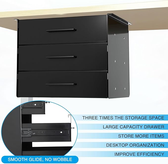Menkxi 16 Inch Slide out Under Desk Drawer 3 Layer Pull out Desk Organizer Storage Metal Mounted Sliding Hidden Under Counter for Writing Office Sit Stand Workstation, Vertically Stacked, Black