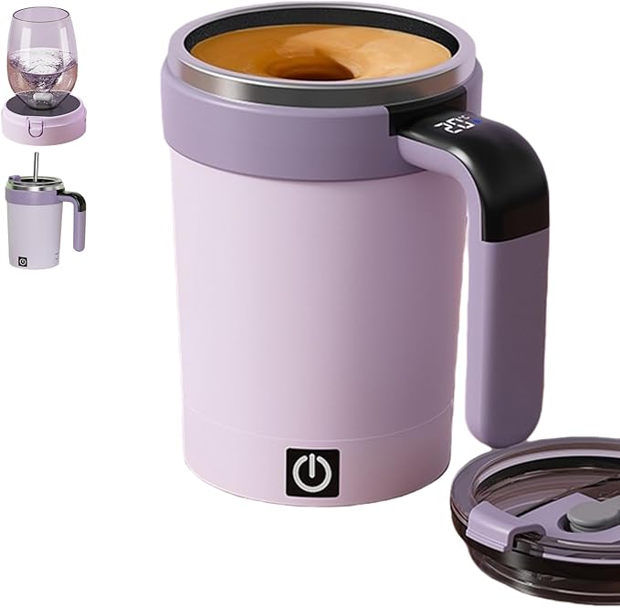 Self Stirring Coffee Mug with Lid,304 Stainless Steel Self Stirring Cup,Rechargeable Coffee Mug with Temperature Display,Suitable for Home and Office (Purple)
