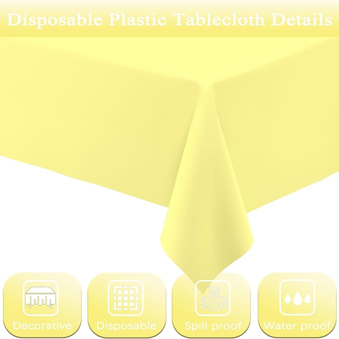WNINK 6 Pack Light Yellow Rectangular Plastic Tablecloths, Yellow Disposable Table Covers 54" x 108" for Birthday, Bridal Shower, Engagement Wedding, Picnic Parties and 8 ft Table Use