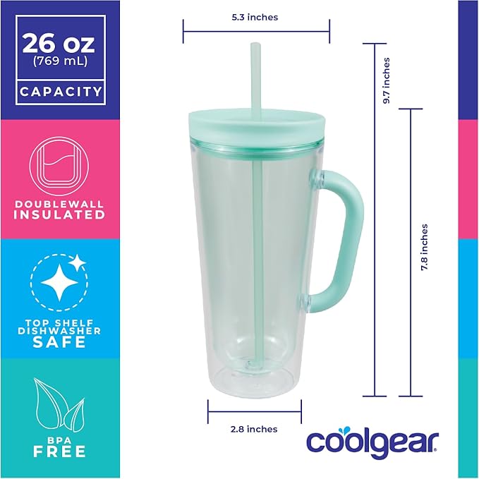COOL GEAR 3-Pack 26 oz Spritz Tumbler with Straw and Handle | Pressure Fit Lid, Colored Re-Usable Tumbler Water Bottle with Straw and Handle - Cool Grey Pack