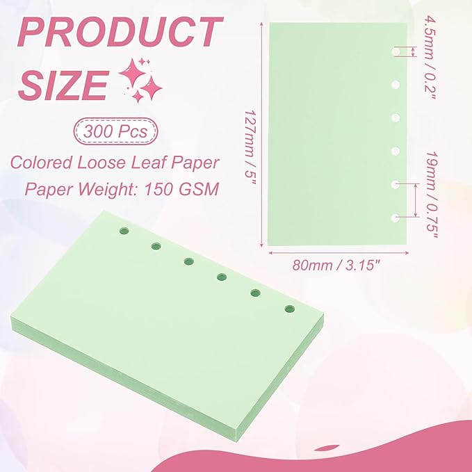 PATIKIL Colored Loose Leaf Paper, 5" x 3.2"(A7) 300 Sheets 6 Holes Punched 150GSM Blank Binder Refill Paper Supplies for Office Note Taking Teacher Planner Journal Notebook, Light Green