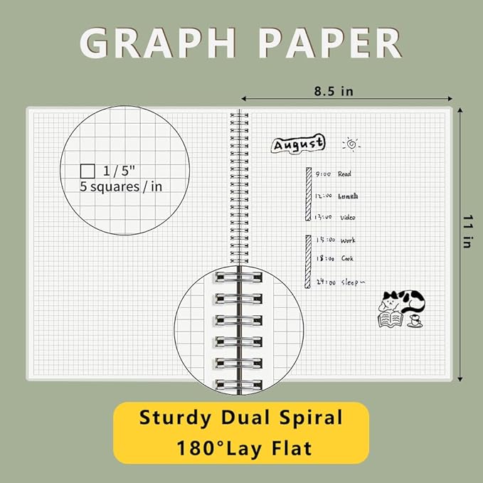 WRENBEN Graph Paper Spiral Notebook 8.5 x 11 Inches 240 Pages, A4 Grid Journal with 120gsm Thick Graphing Paper, Large Math Notebook 1/5 Inch Squares with Water-proof PVC Cover (3 Pack, A4)