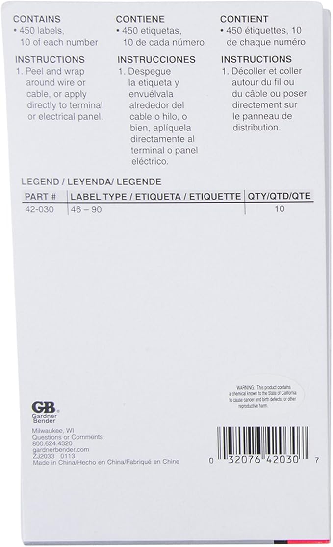 Gardner Bender 42-030 Pocket Wire Marker Booklet, Identification Pack Includes: Numbers 46-90